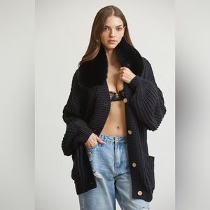 Maeve Faux Fur Trim Cableknit Oversized Sweater in Black
